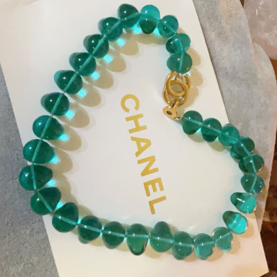 1995 Chanel Vintage手工水滴形綠色琉璃珠項鍊/重工稀有款-1