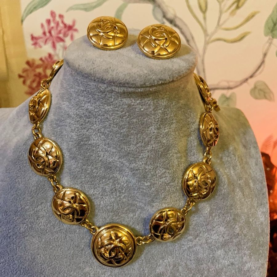 Chanel Vintage 80年代經典雙C網格素金項鍊/耳環一起出售-0