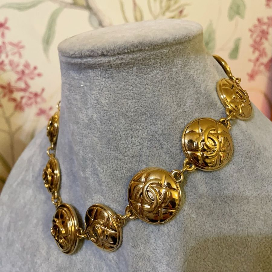 Chanel Vintage 80年代經典雙C網格素金項鍊/耳環一起出售-1