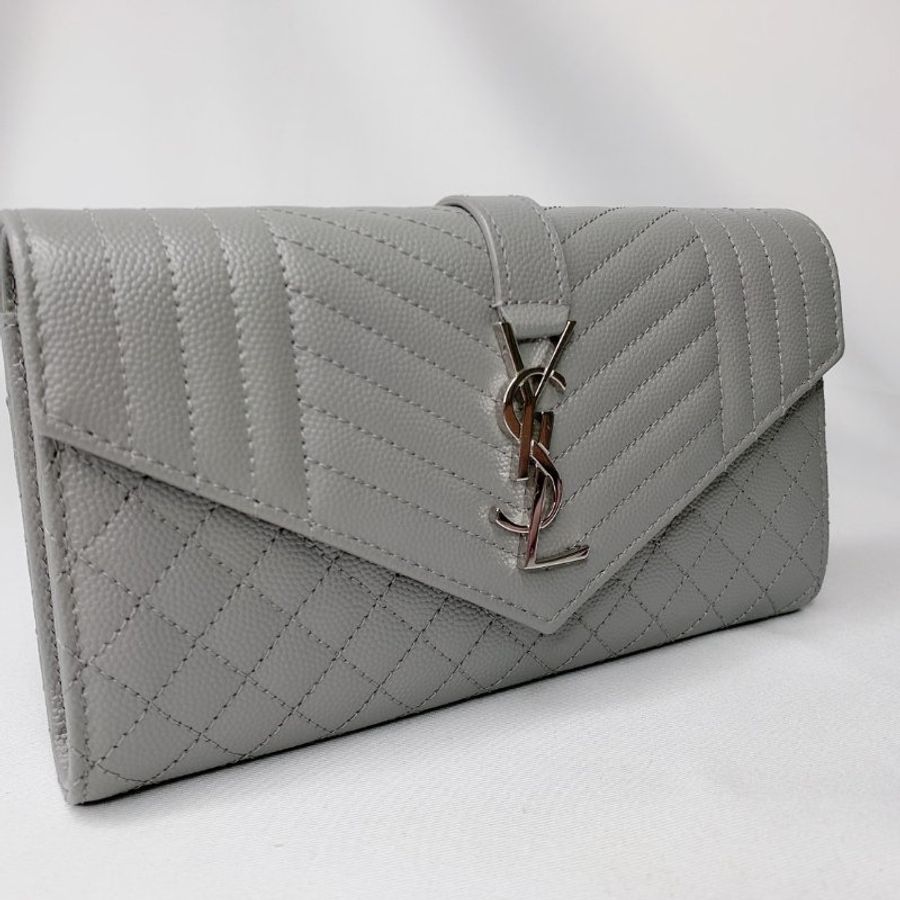 YSL 灰色銀扣學院信封長夾-3
