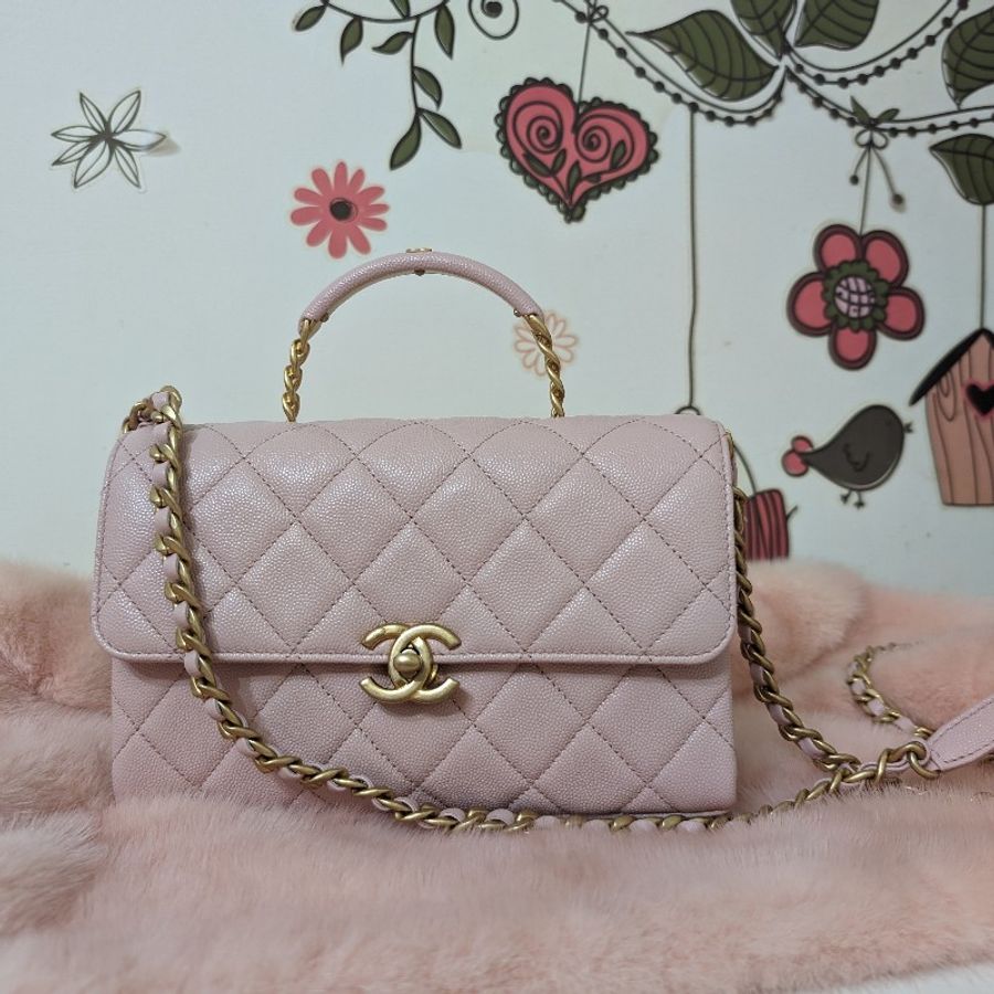 全新品 CHANEL 香奈兒 carry me 淡粉 22cm 提把包 霧金釦 小牛皮荔枝紋 晶片 專櫃-0