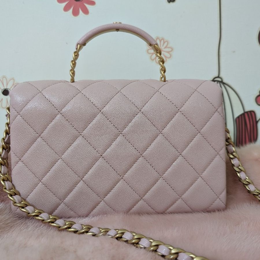 全新品 CHANEL 香奈兒 carry me 淡粉 22cm 提把包 霧金釦 小牛皮荔枝紋 晶片 專櫃-1
