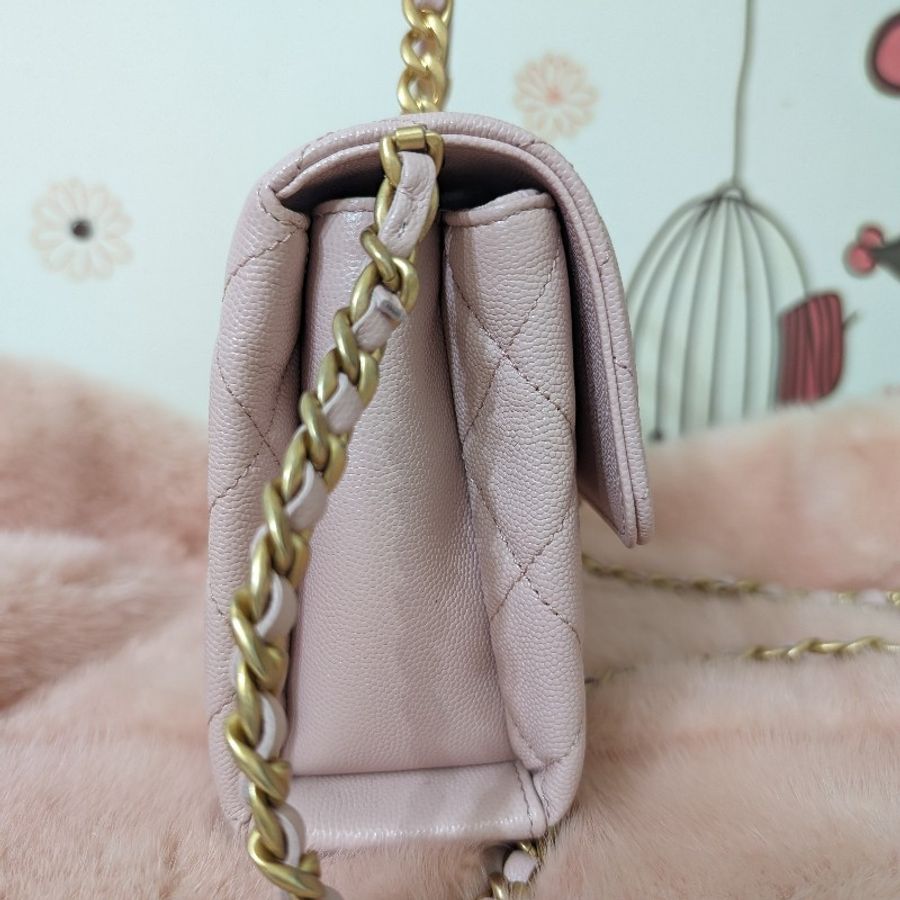 全新品 CHANEL 香奈兒 carry me 淡粉 22cm 提把包 霧金釦 小牛皮荔枝紋 晶片 專櫃-4