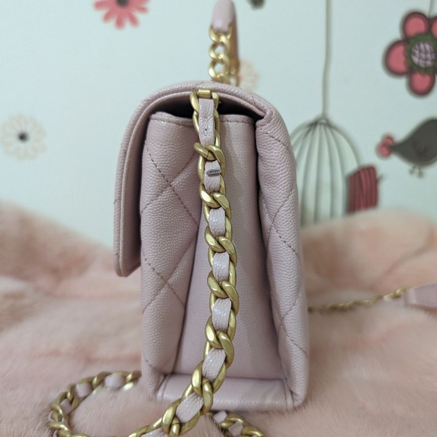 全新品 CHANEL 香奈兒 carry me 淡粉 22cm 提把包 霧金釦 小牛皮荔枝紋 晶片 專櫃-6