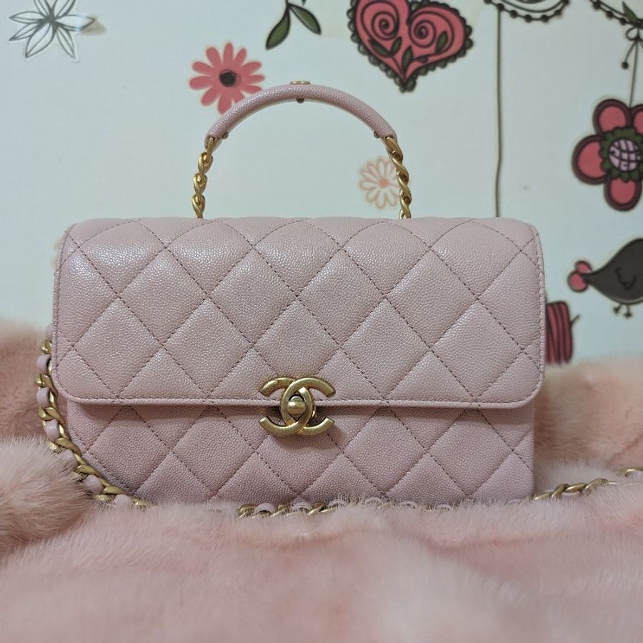全新品 CHANEL 香奈兒 carry me 淡粉 22cm 提把包 霧金釦 小牛皮荔枝紋 晶片 專櫃-7