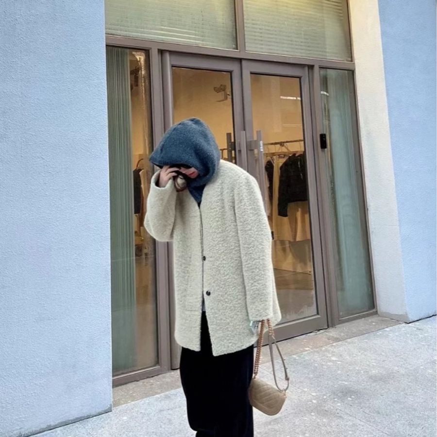 全新 正韓設計師代購 AT THE BAGEL羊駝毛V領夾棉大衣外套 保暖大衣-9