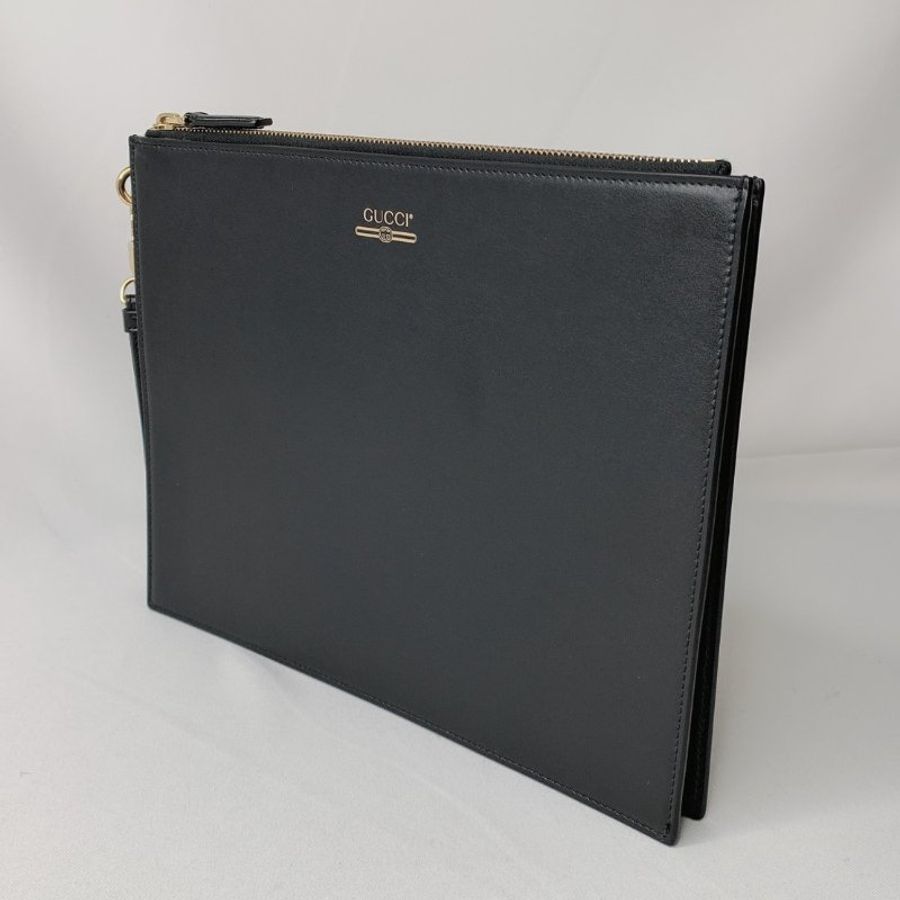 GUCCI 燙金Logo黑色皮革手拿包-2