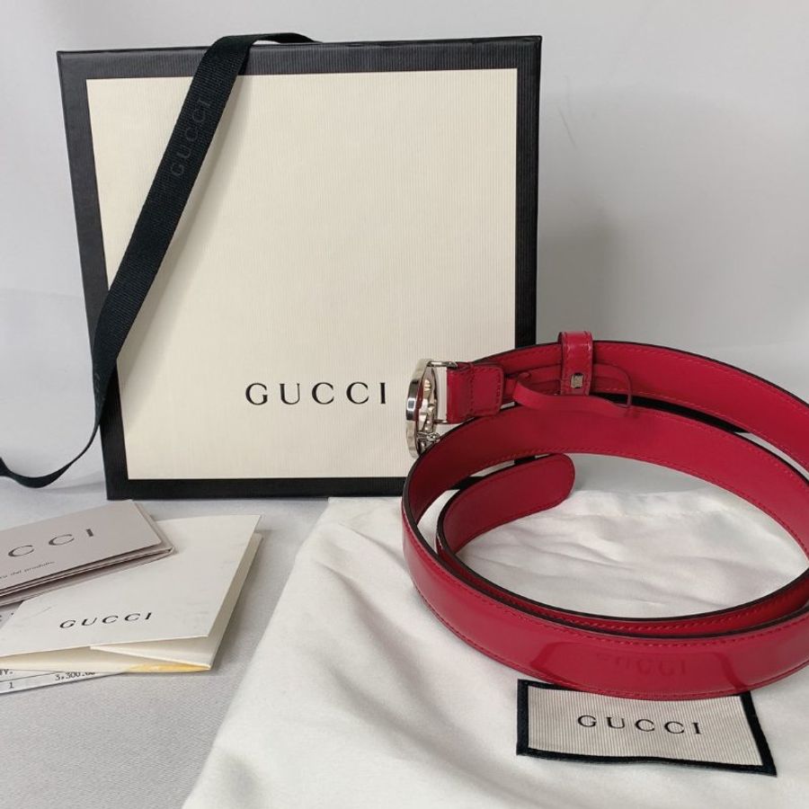 GUCCI 桃色亮漆皮板扣皮帶-1
