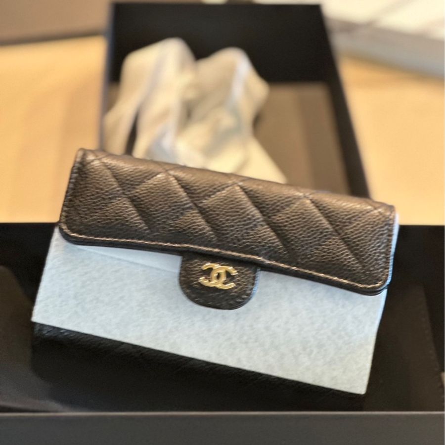 Chanel 全新三折荔枝皮黑金中夾-4