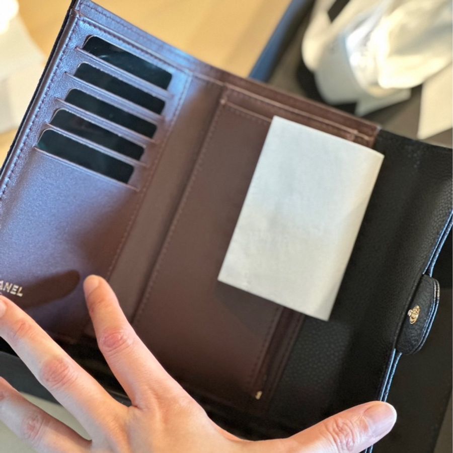 Chanel 全新三折荔枝皮黑金中夾-5