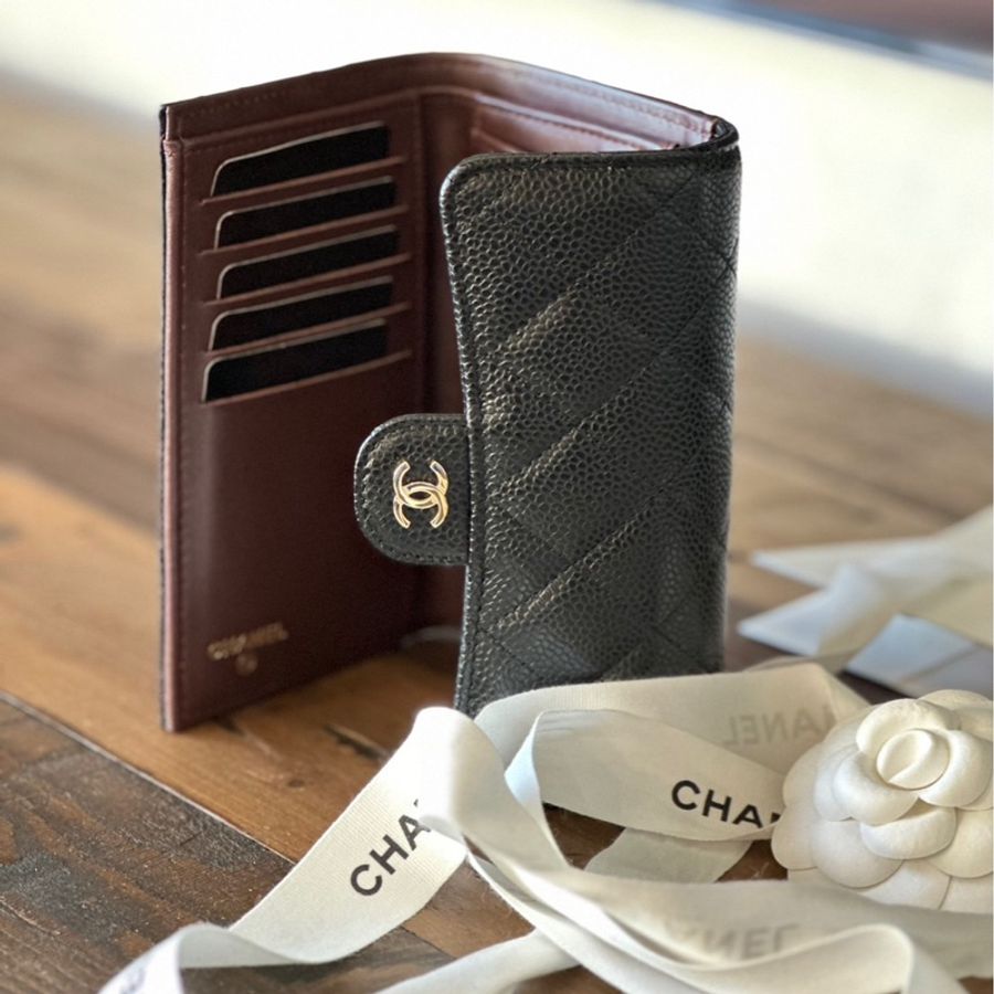 Chanel 全新三折荔枝皮黑金中夾-0