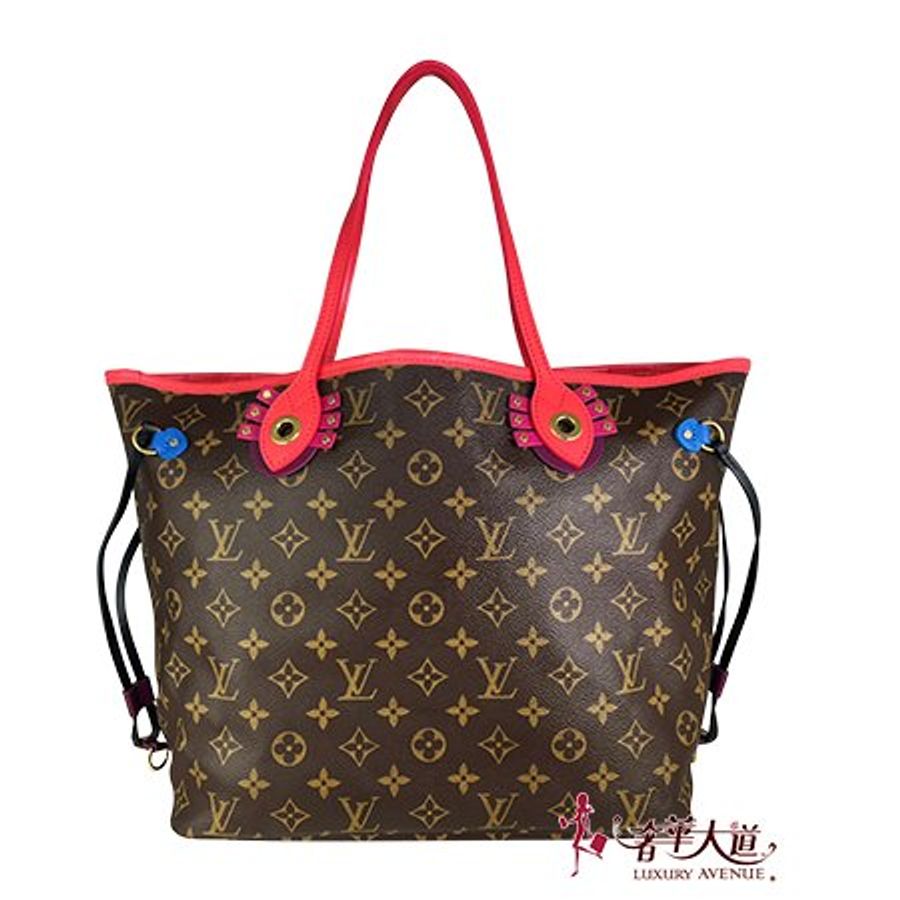 Louis Vuitton 原花/紅色限量圖騰Neverfull 購物肩背包(附子包)(MM) M41663-0