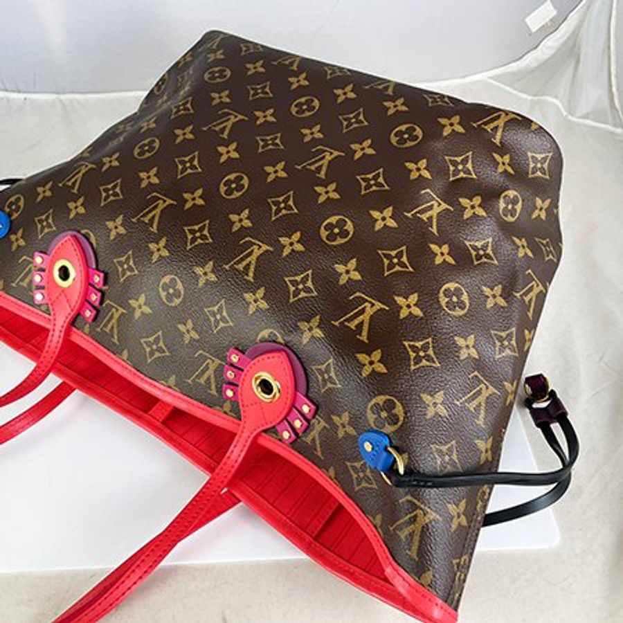 Louis Vuitton 原花/紅色限量圖騰Neverfull 購物肩背包(附子包)(MM) M41663-2