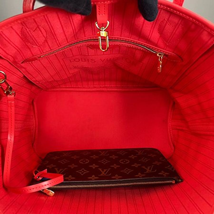 Louis Vuitton 原花/紅色限量圖騰Neverfull 購物肩背包(附子包)(MM) M41663-5