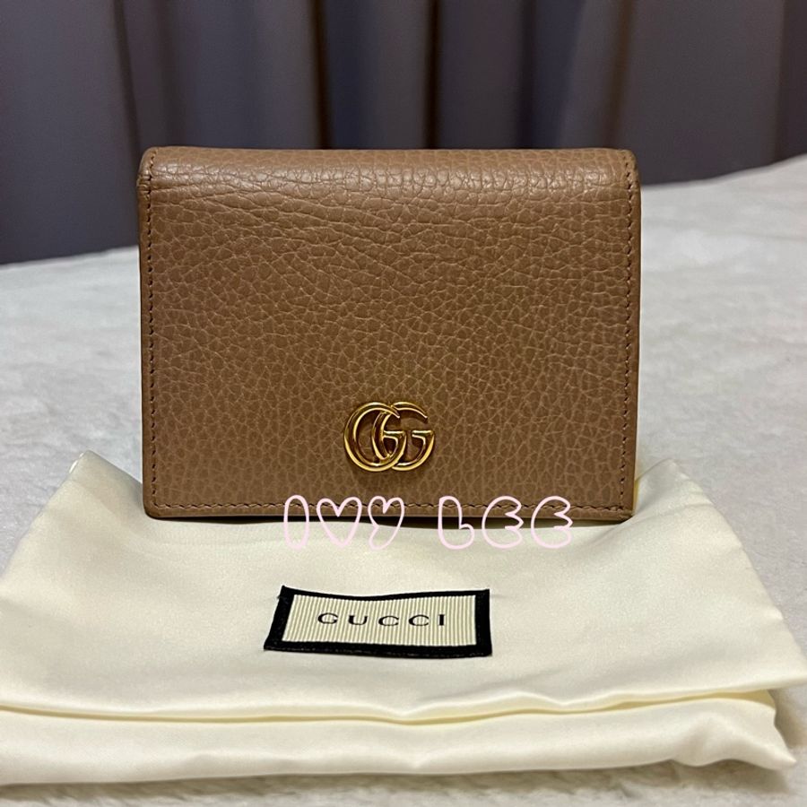 GUCCI 古馳 經典金屬雙G LOGO荔枝紋牛皮萬用信用卡/短夾 456126 粉膚色 二手精品-0