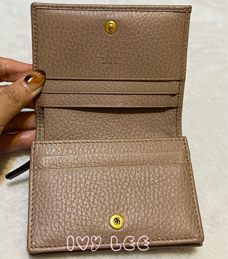 GUCCI 古馳 經典金屬雙G LOGO荔枝紋牛皮萬用信用卡/短夾 456126 粉膚色 二手精品-4