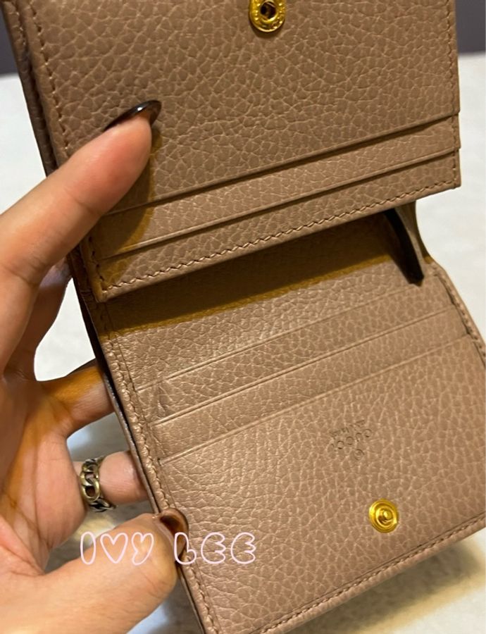 GUCCI 古馳 經典金屬雙G LOGO荔枝紋牛皮萬用信用卡/短夾 456126 粉膚色 二手精品-5