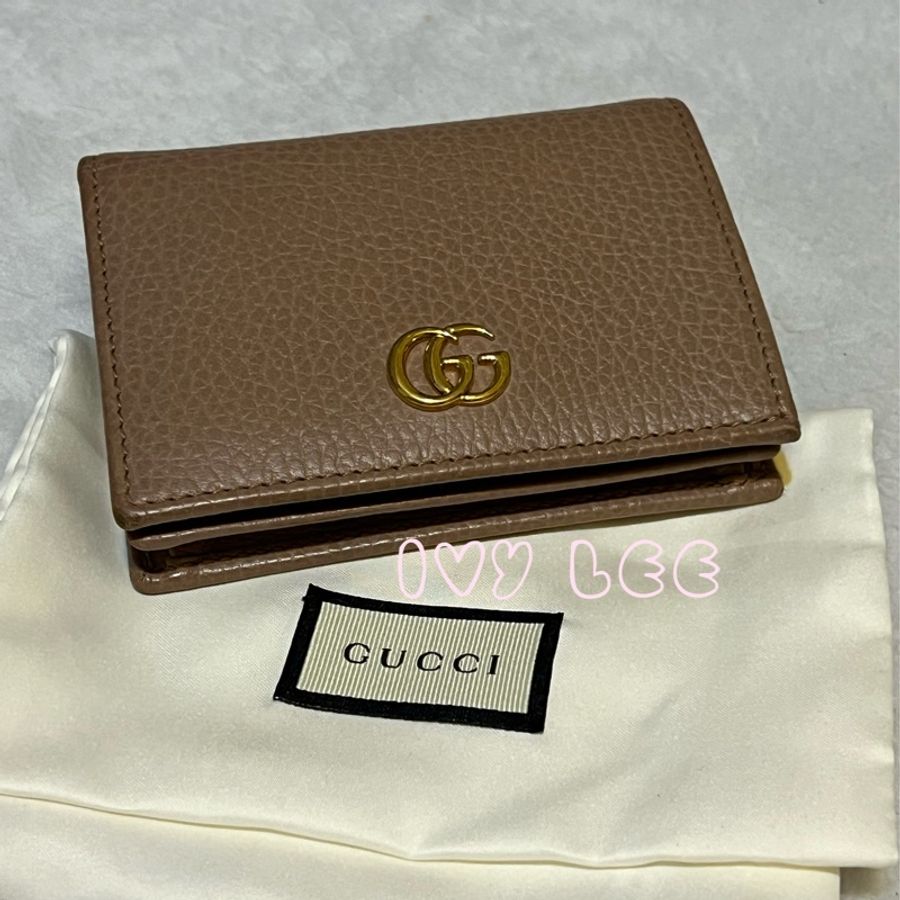 GUCCI 古馳 經典金屬雙G LOGO荔枝紋牛皮萬用信用卡/短夾 456126 粉膚色 二手精品-17