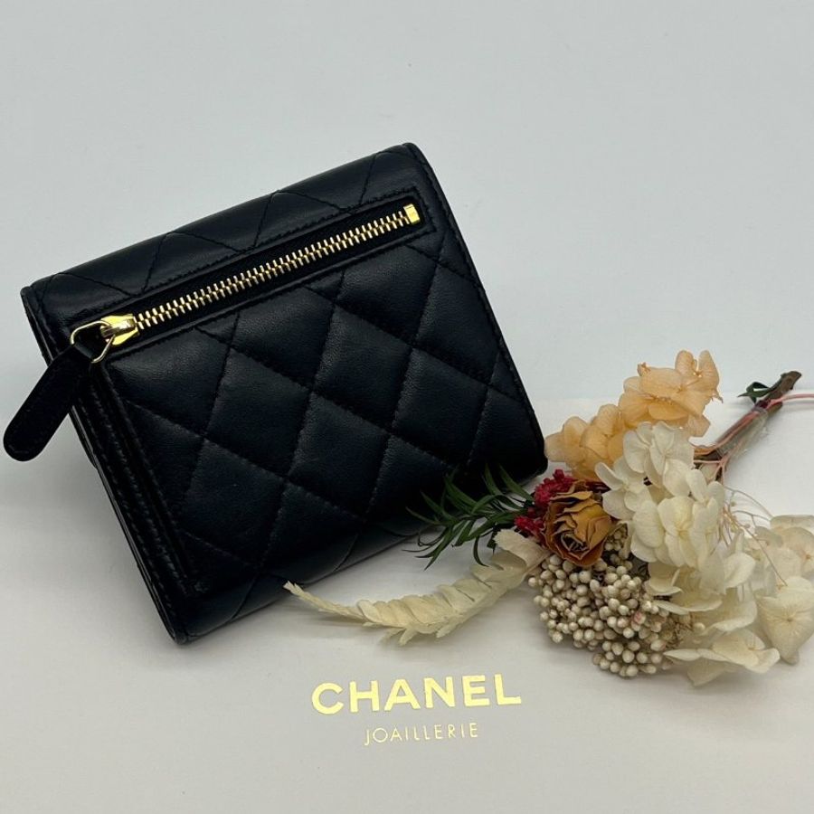 CHANEL 香奈兒 黑金 羊皮 菱格 三折短夾/皮夾/零錢包-1