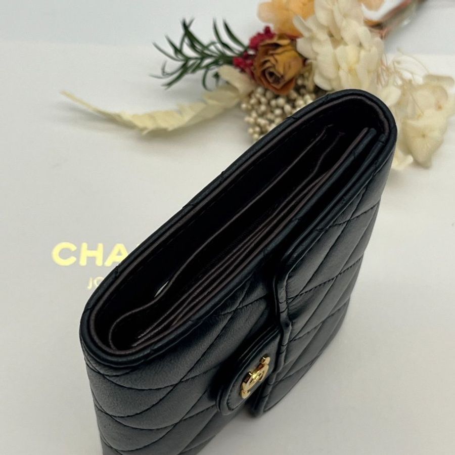 CHANEL 香奈兒 黑金 羊皮 菱格 三折短夾/皮夾/零錢包-3