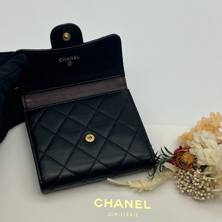 CHANEL 香奈兒 黑金 羊皮 菱格 三折短夾/皮夾/零錢包-4