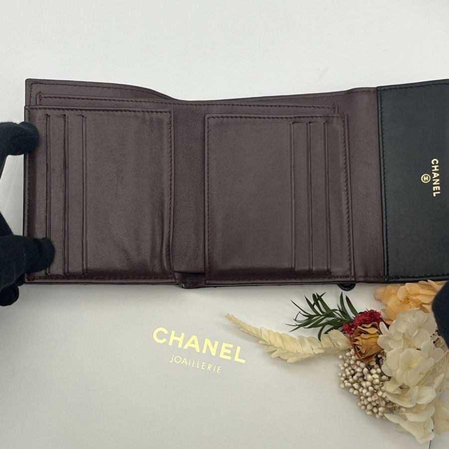 CHANEL 香奈兒 黑金 羊皮 菱格 三折短夾/皮夾/零錢包-5