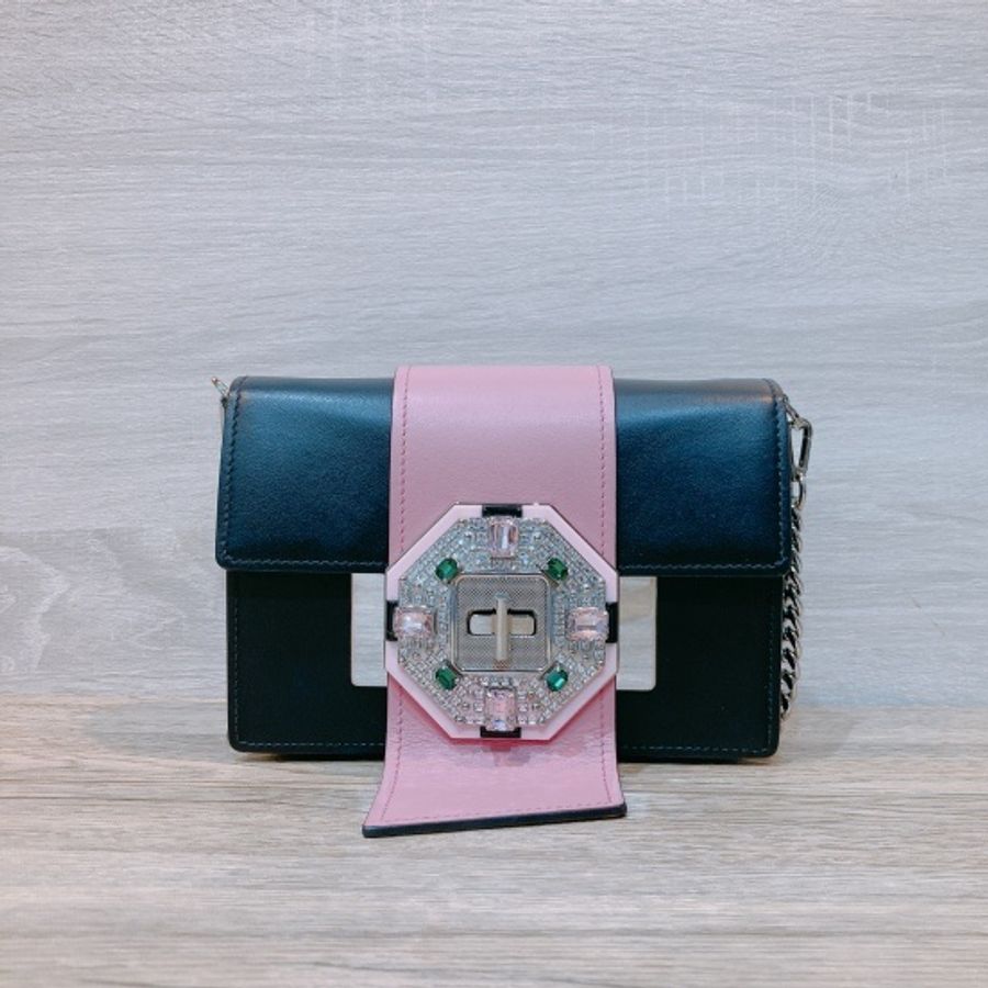 PRADA 鏈條包 水晶包 黑色粉紅色牛皮CITY CALF LEATHER AND CRYSTAL RIBBONS-0