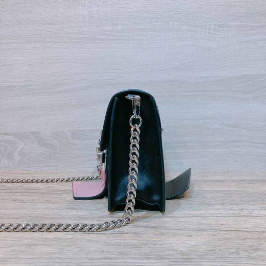 PRADA 鏈條包 水晶包 黑色粉紅色牛皮CITY CALF LEATHER AND CRYSTAL RIBBONS-2