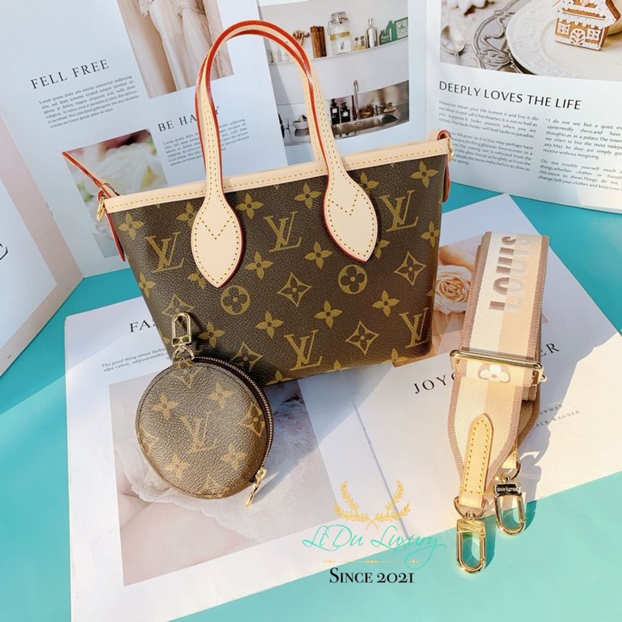 【 全新商品 】LV M46705 爆款字紋 NEVERFULL BB 奶茶色背帶 / 兩用購物包-0