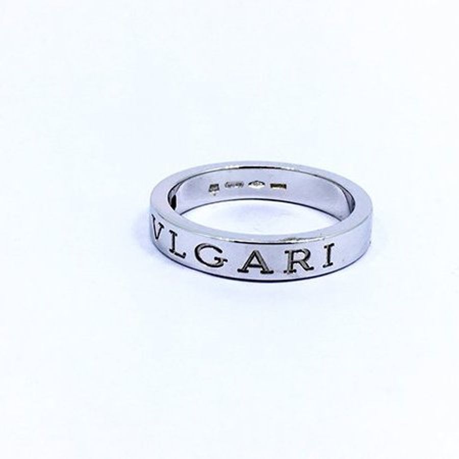 BVLGARI 18K 白K金經典刻字款 logo 鑲鑽戒指 #15-5
