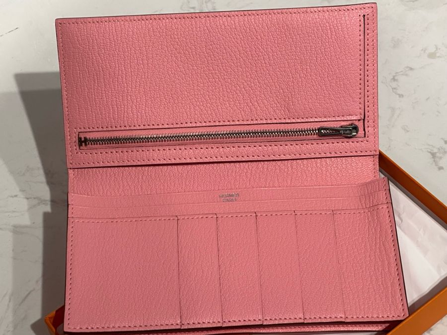 全新 HERMES 愛馬仕 BEARN WALLET 粉色銀扣 山羊皮長身抽帶款銀包-6