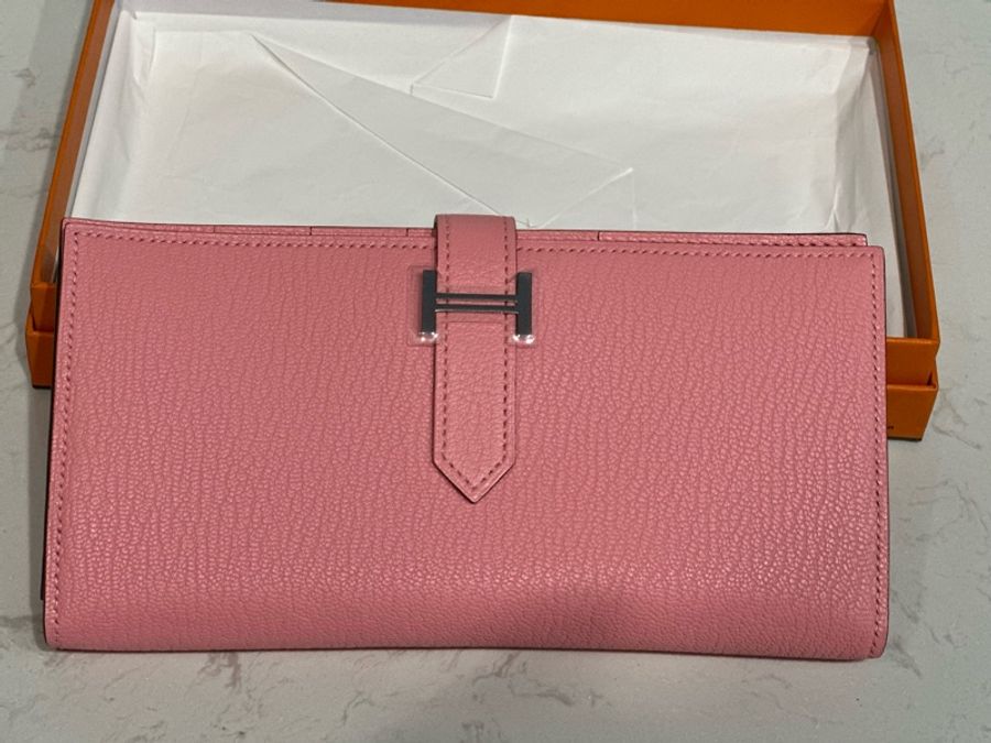 全新 HERMES 愛馬仕 BEARN WALLET 粉色銀扣 山羊皮長身抽帶款銀包-8