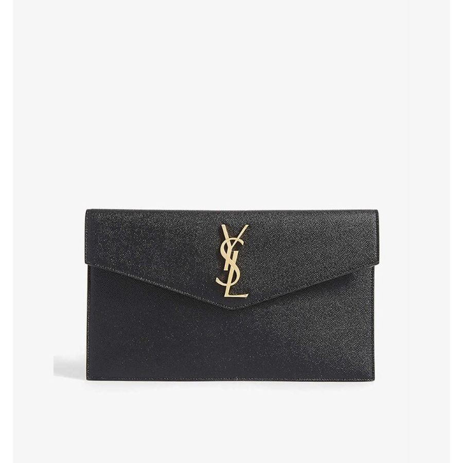 【YSL】MONOGRAM系列V字縫線魚子醬牛皮金屬LOGO暗釦三折短夾/手拿包/晚宴包-0