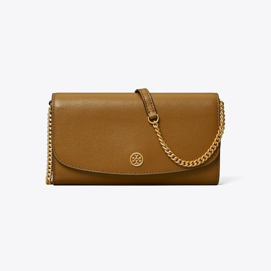 TORY BURCH 專櫃經典款 ROBINSON金字LOGO防刮牛皮側背/斜背兩用包 WOC(側背包 斜背包 駝色)-0