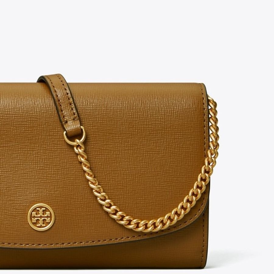 TORY BURCH 專櫃經典款 ROBINSON金字LOGO防刮牛皮側背/斜背兩用包 WOC(側背包 斜背包 駝色)-4
