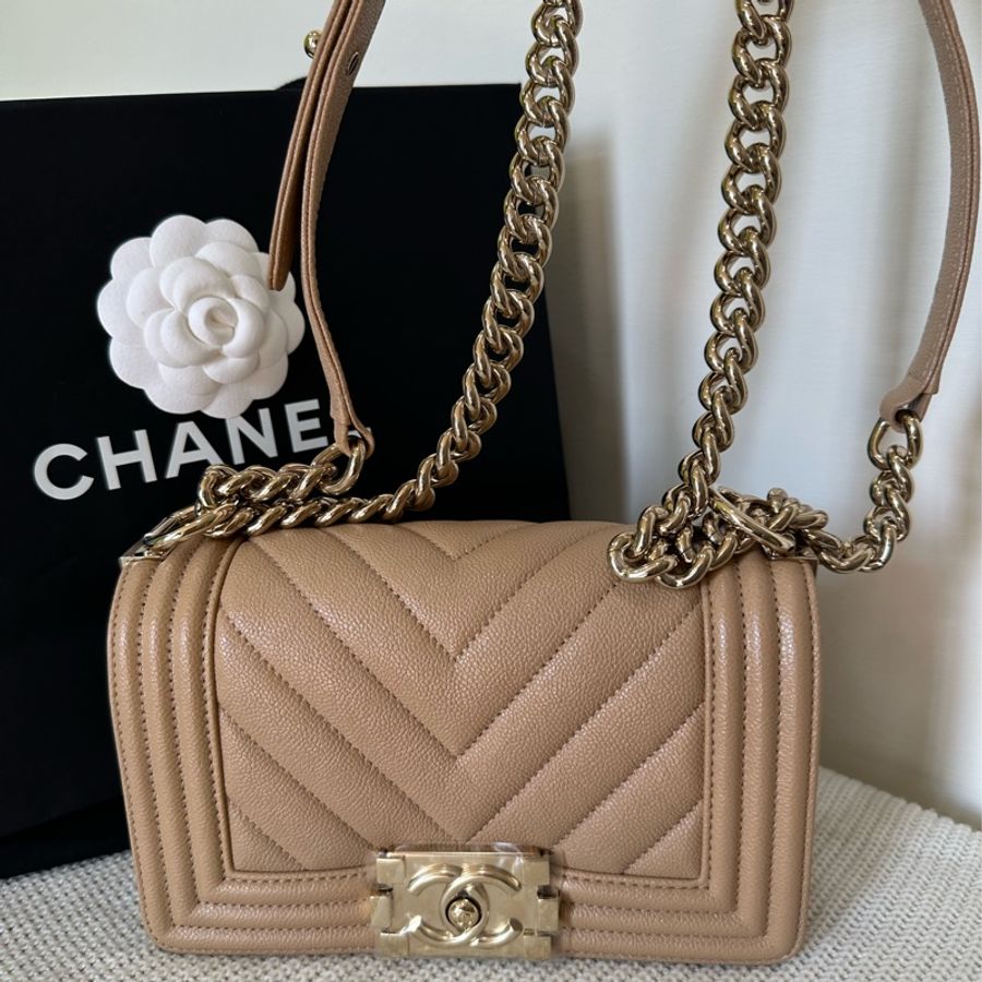 Chanel boy 20 奶茶色 山形紋-3