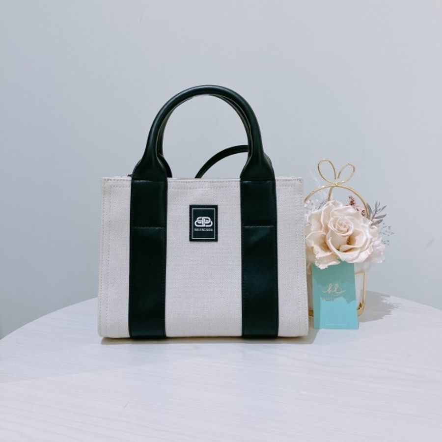 BALENCIAGA 迷你托特包 手挽包斜挎包 黑白色SMALL LEATHER COTTON CANVAS TOTE BAG-0