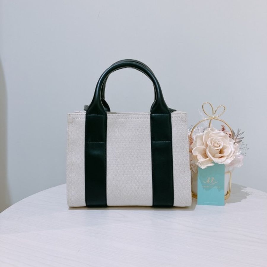 BALENCIAGA 迷你托特包 手挽包斜挎包 黑白色SMALL LEATHER COTTON CANVAS TOTE BAG-1