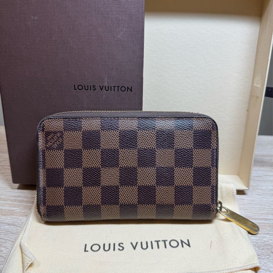 Louis Vuitton 路易威登 N60028 棋盤格LOGO Damier Ebene帆布10卡拉鍊中夾(咖啡)-0