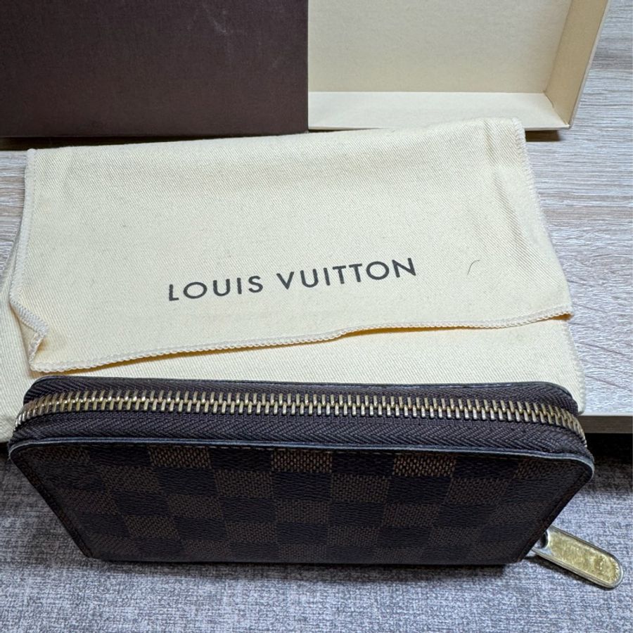 Louis Vuitton 路易威登 N60028 棋盤格LOGO Damier Ebene帆布10卡拉鍊中夾(咖啡)-2