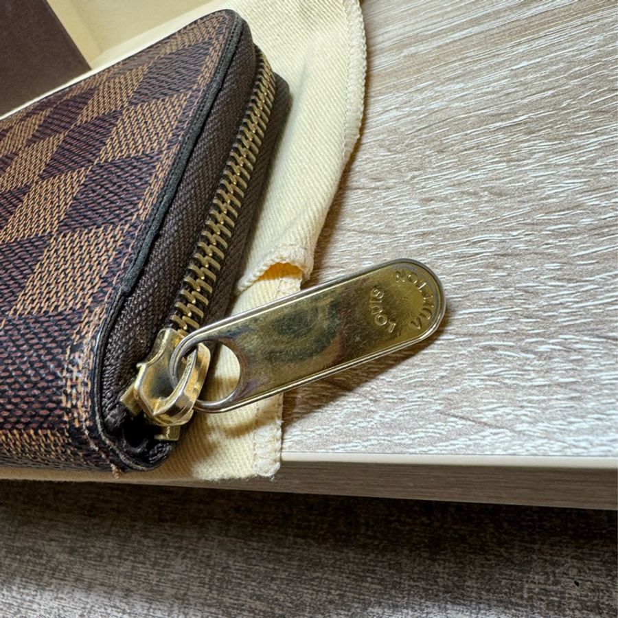 Louis Vuitton 路易威登 N60028 棋盤格LOGO Damier Ebene帆布10卡拉鍊中夾(咖啡)-3