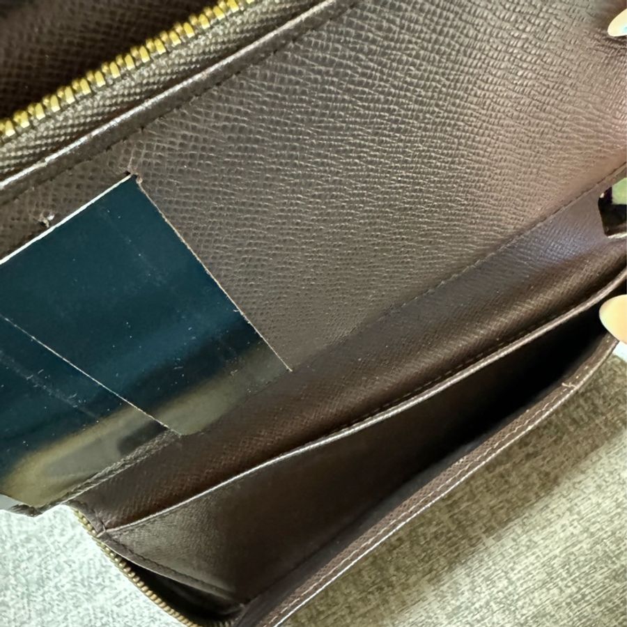 Louis Vuitton 路易威登 N60028 棋盤格LOGO Damier Ebene帆布10卡拉鍊中夾(咖啡)-6