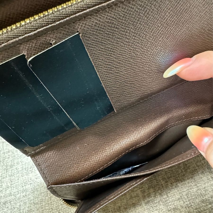 Louis Vuitton 路易威登 N60028 棋盤格LOGO Damier Ebene帆布10卡拉鍊中夾(咖啡)-7