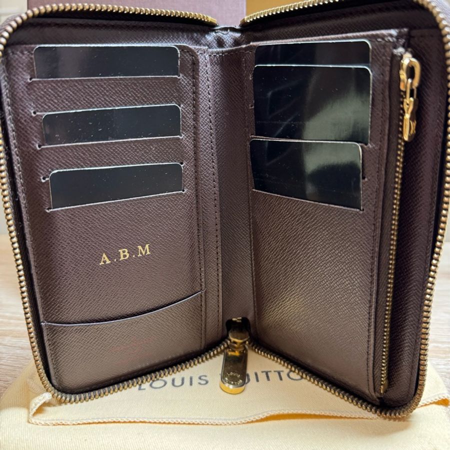 Louis Vuitton 路易威登 N60028 棋盤格LOGO Damier Ebene帆布10卡拉鍊中夾(咖啡)-8