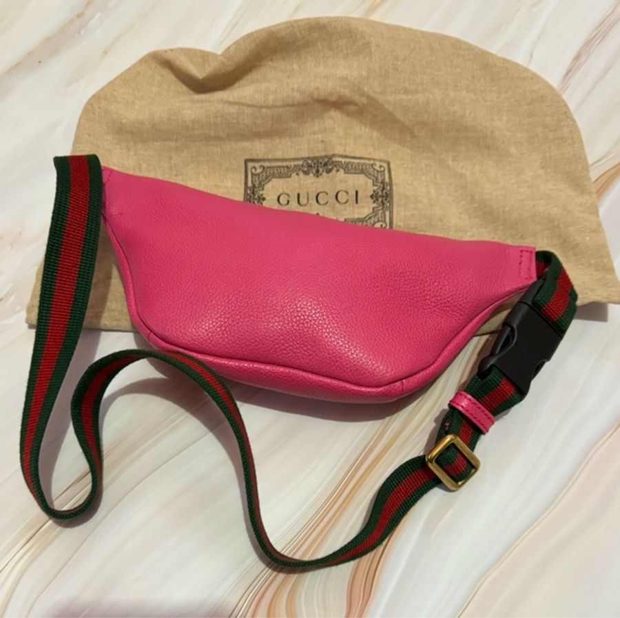 👜 全新閒置 GUCCI 復古風Logo經典綠紅綠織帶腰包-7