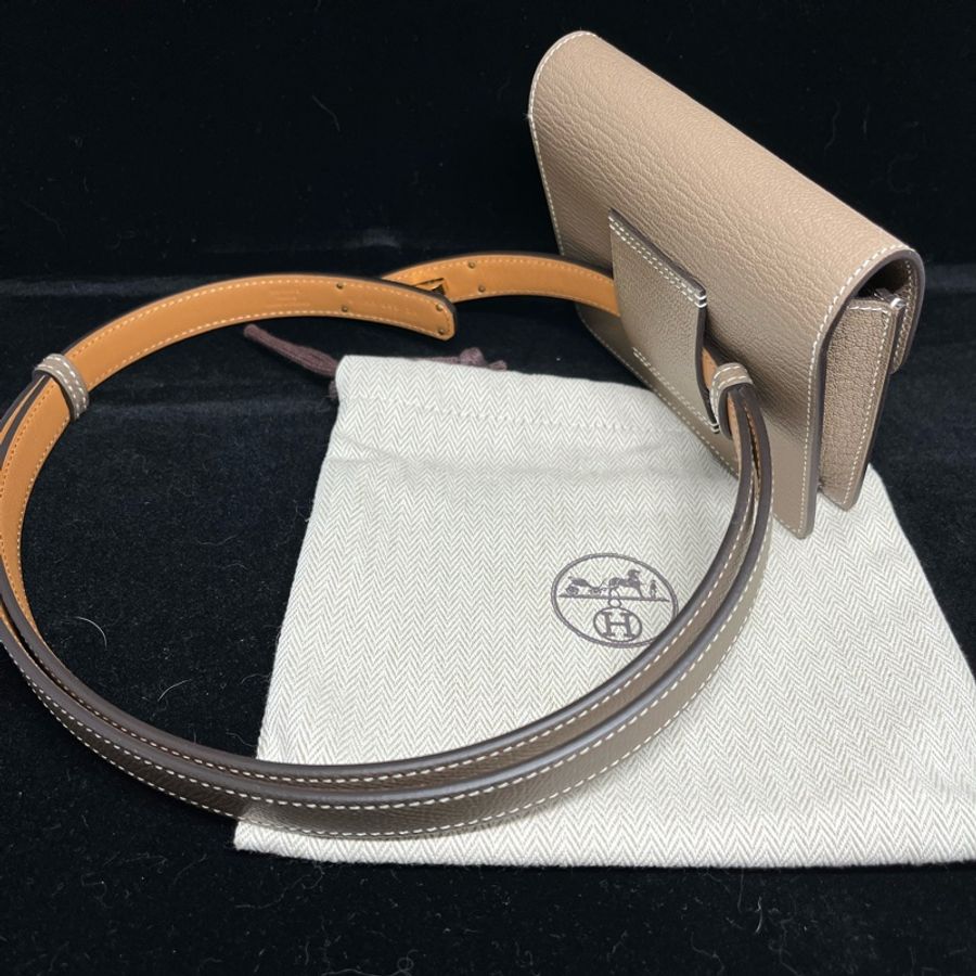 全新 HERMES Roulis Slim 錢包/腰包 (大象灰x 淡金 x釦)-3