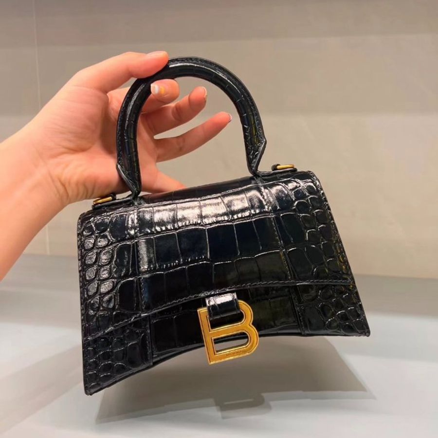 🌸2025春夏新品🌸Balenciaga 592833 Hourglass XS 鱷魚紋小牛皮沙漏包 黑色金釦-8