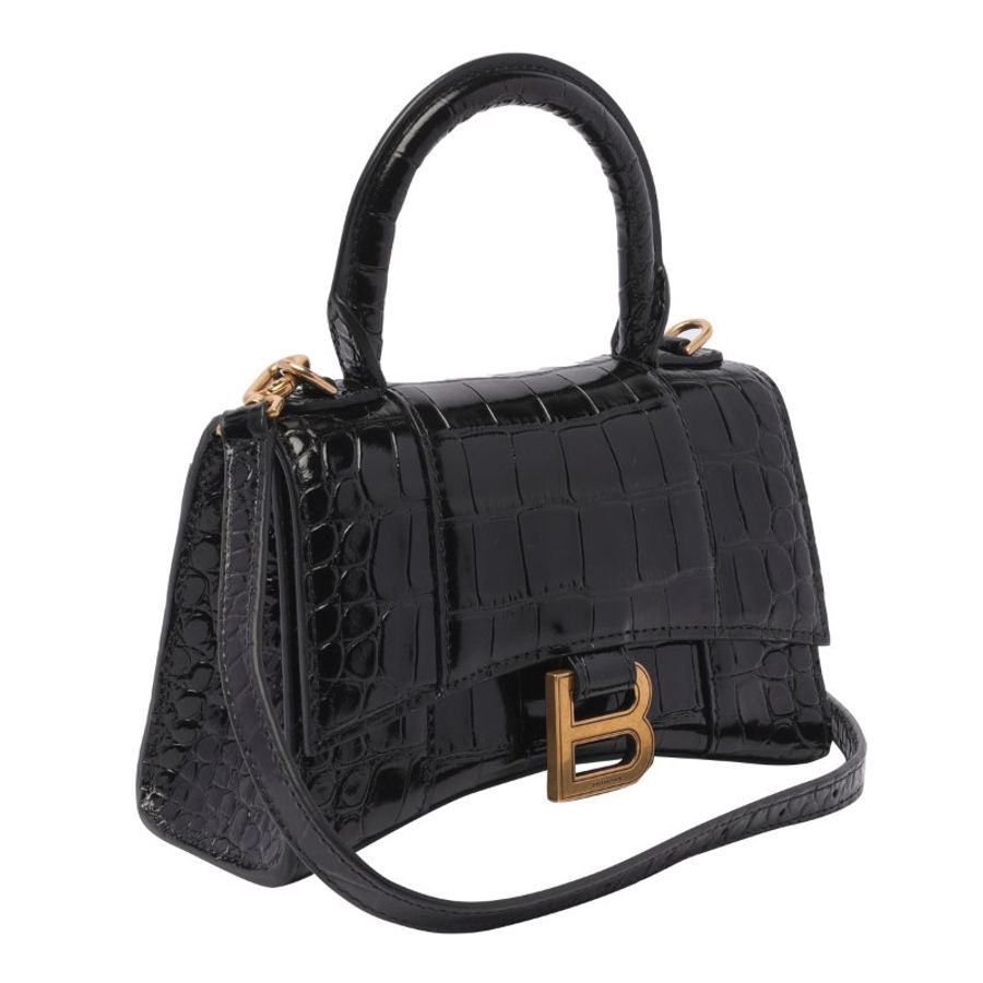 🌸2025春夏新品🌸Balenciaga 592833 Hourglass XS 鱷魚紋小牛皮沙漏包 黑色金釦-12