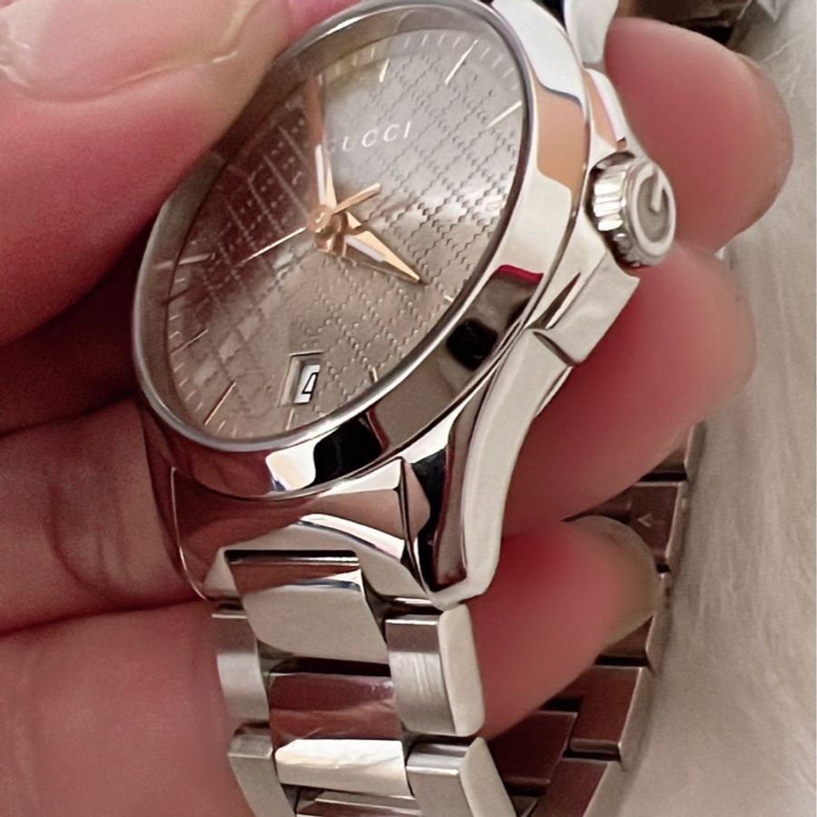 Gucci銀古銅面盤石英錶-8