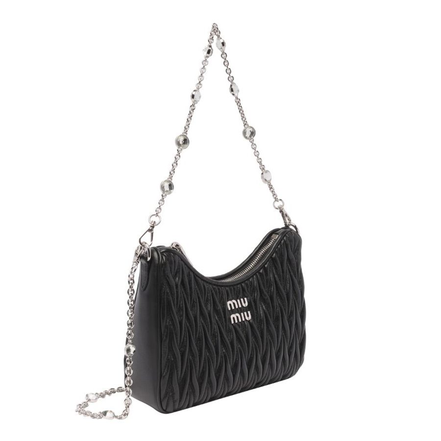 Miu Miu 5BH211 Matelasse 納帕軟皮流浪包 配珠寶鏈帶 黑色《佳節年終特賣》-18